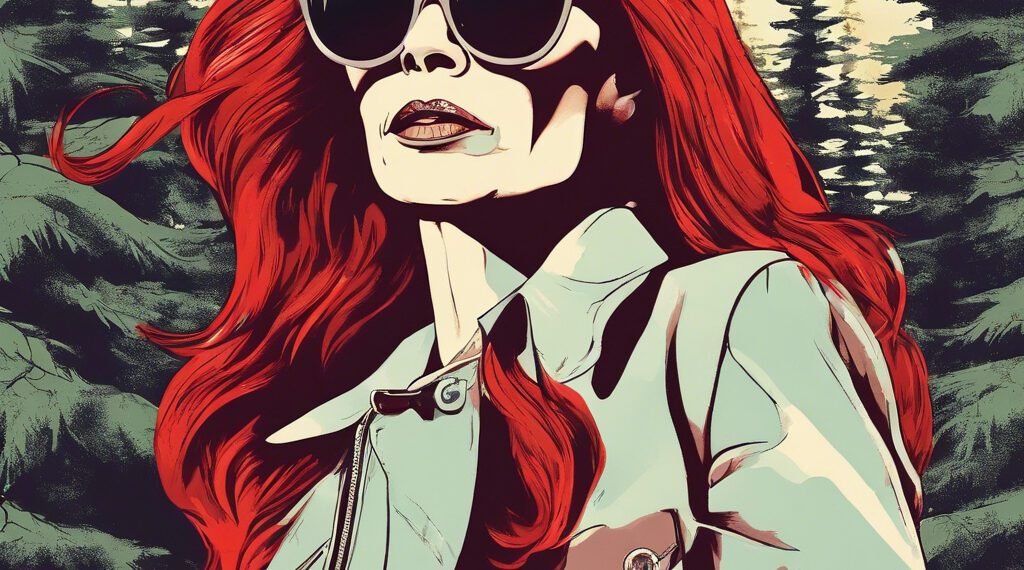 58 year old woman dressed in stylish clothing in a forest with long red hair and large sunglasses