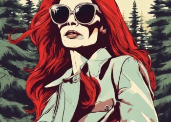 58 year old woman dressed in stylish clothing in a forest with long red hair and large sunglasses