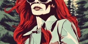 58 year old woman dressed in stylish clothing in a forest with long red hair and large sunglasses