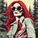 58 year old woman dressed in stylish clothing in a forest with long red hair and large sunglasses